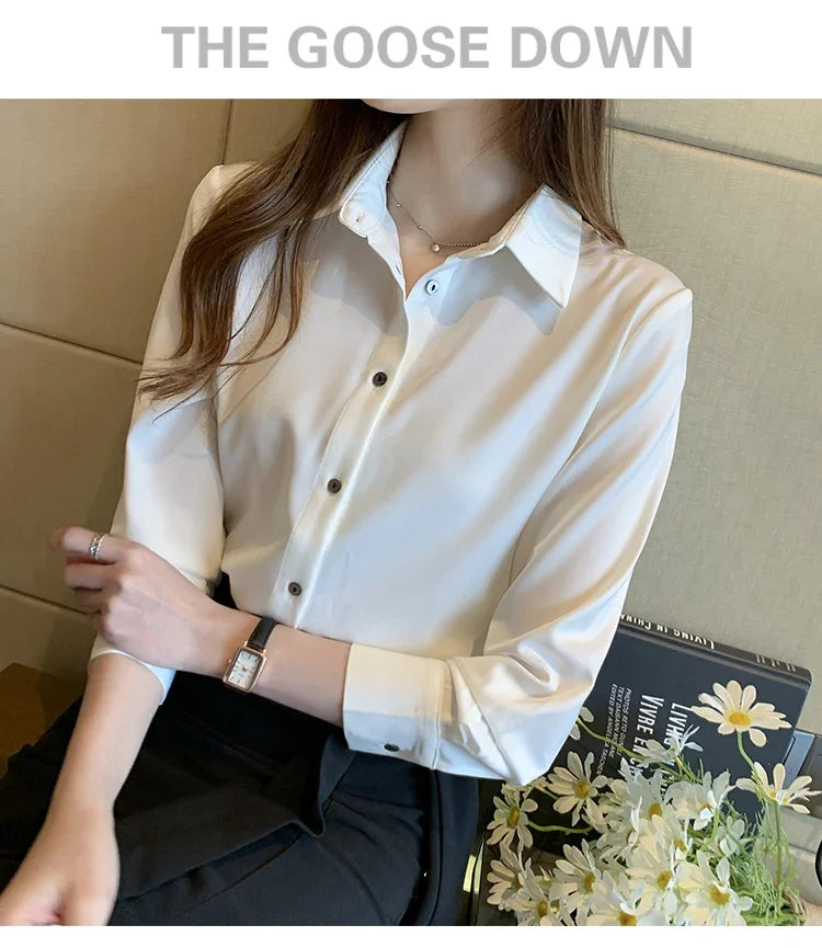 Elegant Satin Long Sleeve Blouse for Women Casual Office Shirt Solid White Basic Top