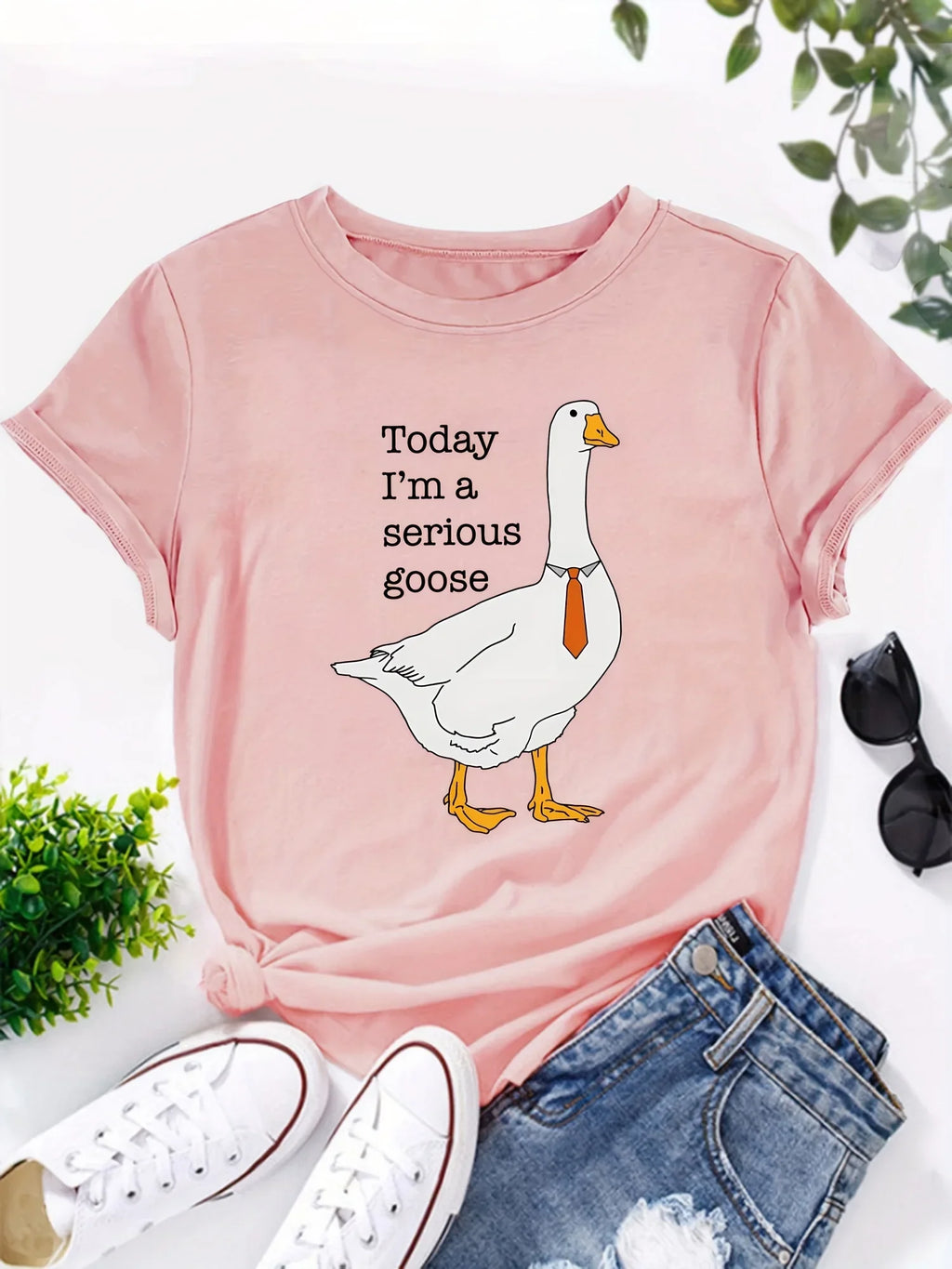 Goose Letter Print Casual T-Shirt for Women, Short Sleeve Crew Neck Top for Spring and Summer