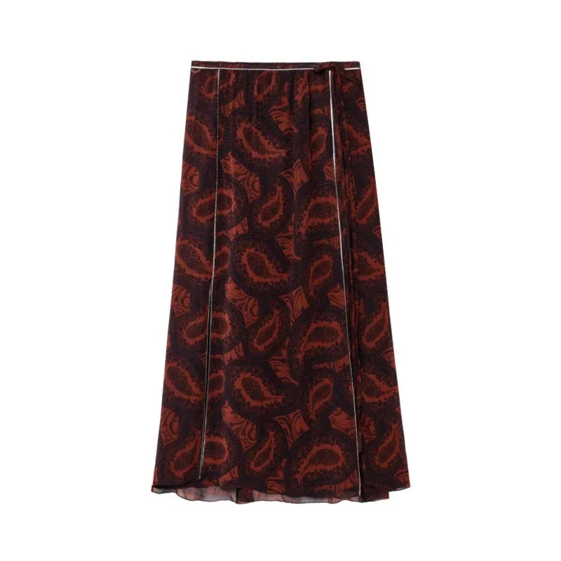 Women's Spring Printed Midi Skirt Two-Piece Set with Casual Folded Silk Texture Shirt and High Waist Skirt