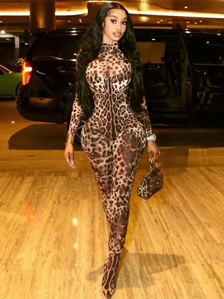 Leopard Print Women's Full Sleeve Zip Jumpsuit Skinny Stretch Fitness Workout Streetwear Overalls