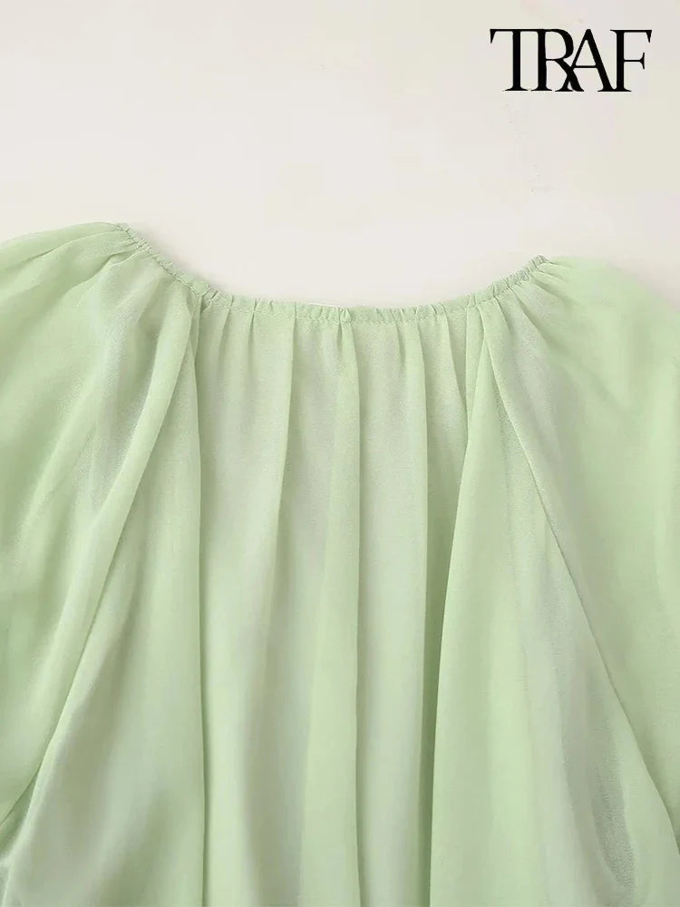 Boho Beach Dress With Round Neck Ruffle Trim Long Sleeve