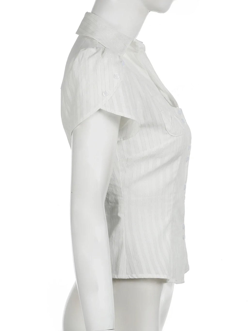 Slim Striped Blouse for Women Casual V-Neck Turn-Down Collar Short Puff Sleeve Summer Shirt