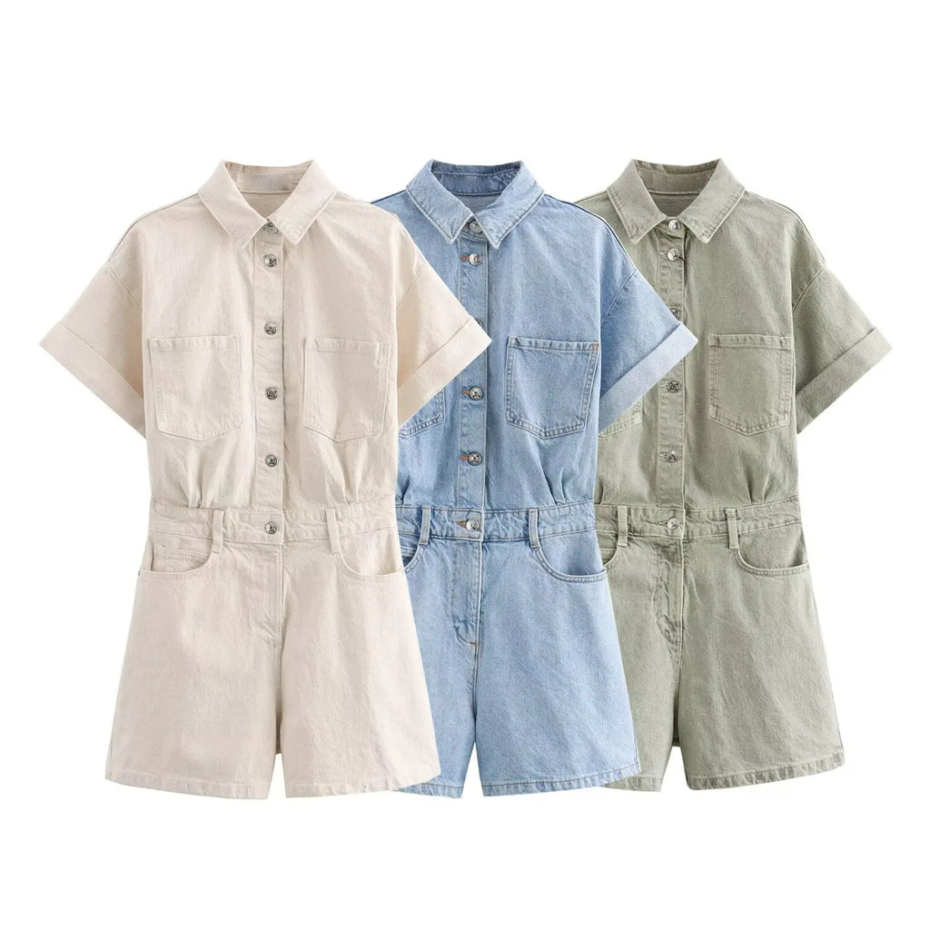Women's Denim Short Jumpsuit Slim Fit with Lapel Collar Curled Short Sleeves and Patch Pockets Summer Casual Romper