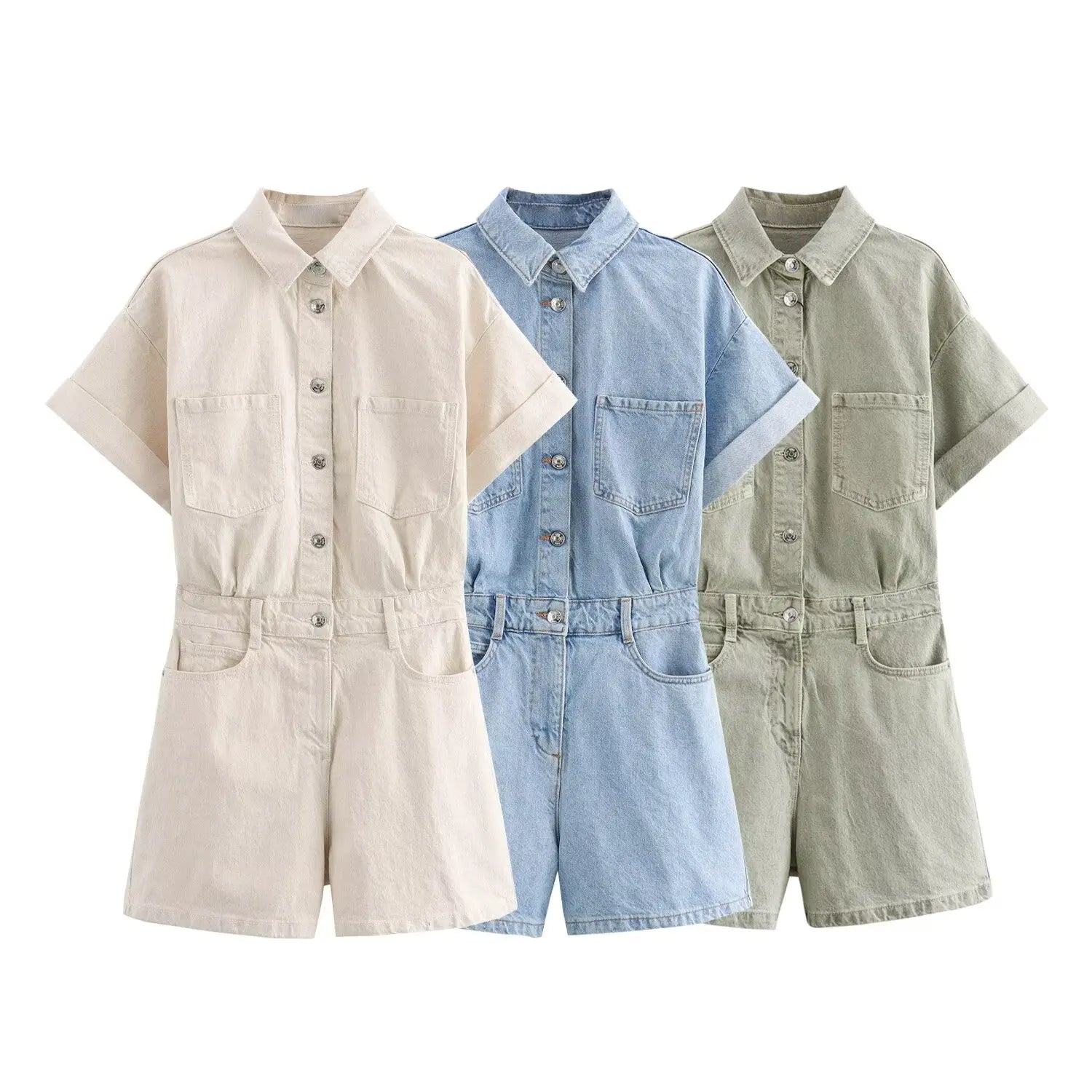 Women's Denim Short Jumpsuit Slim Fit with Lapel Collar Curled Short Sleeves and Patch Pockets Summer Casual Romper