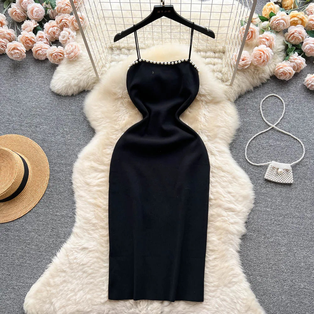 Pearl Design Knitted Bodycon Dress For Party And Streetwear