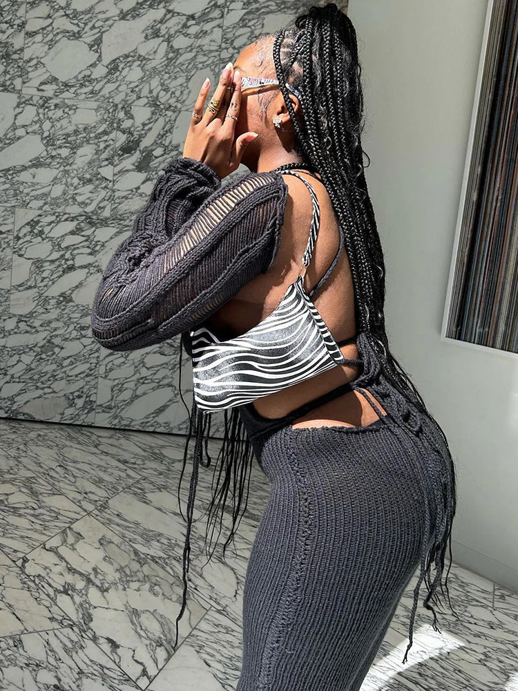 Weird Puss Bandage Knit Halter Jumpsuit with Gloves Women Stretch Sexy Backless Hollow Skinny Street Style Stacked Workout Overalls