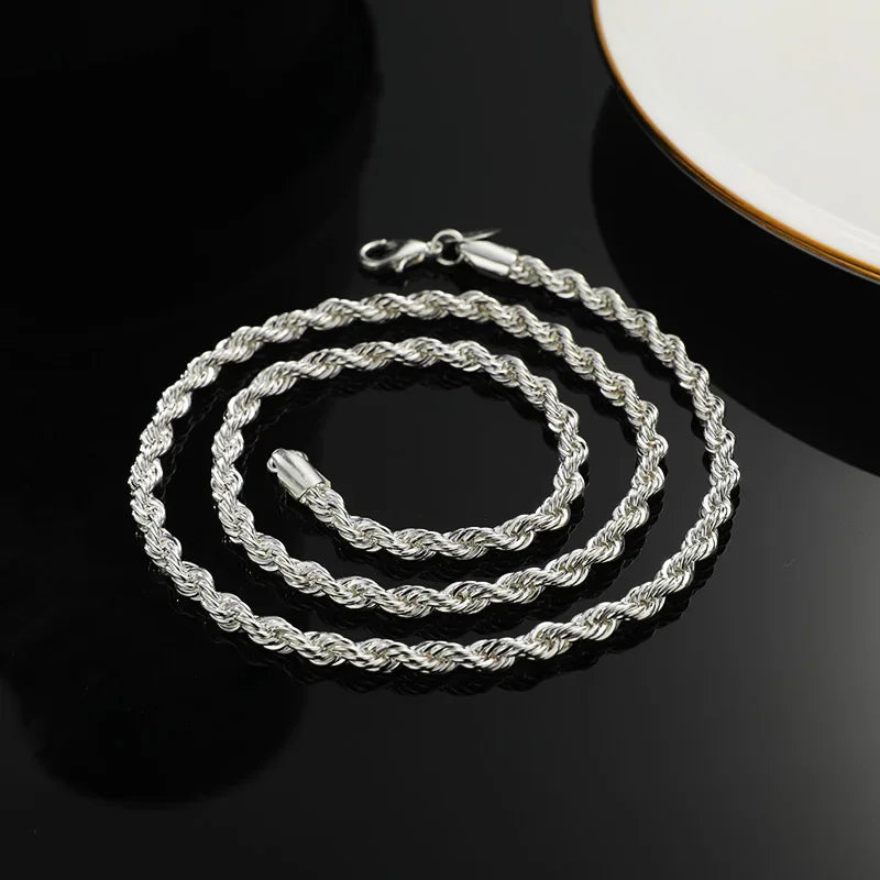 925 Sterling Silver Twisted Rope Chain Necklace and Bracelet Set for Men and Women High Quality Jewelry