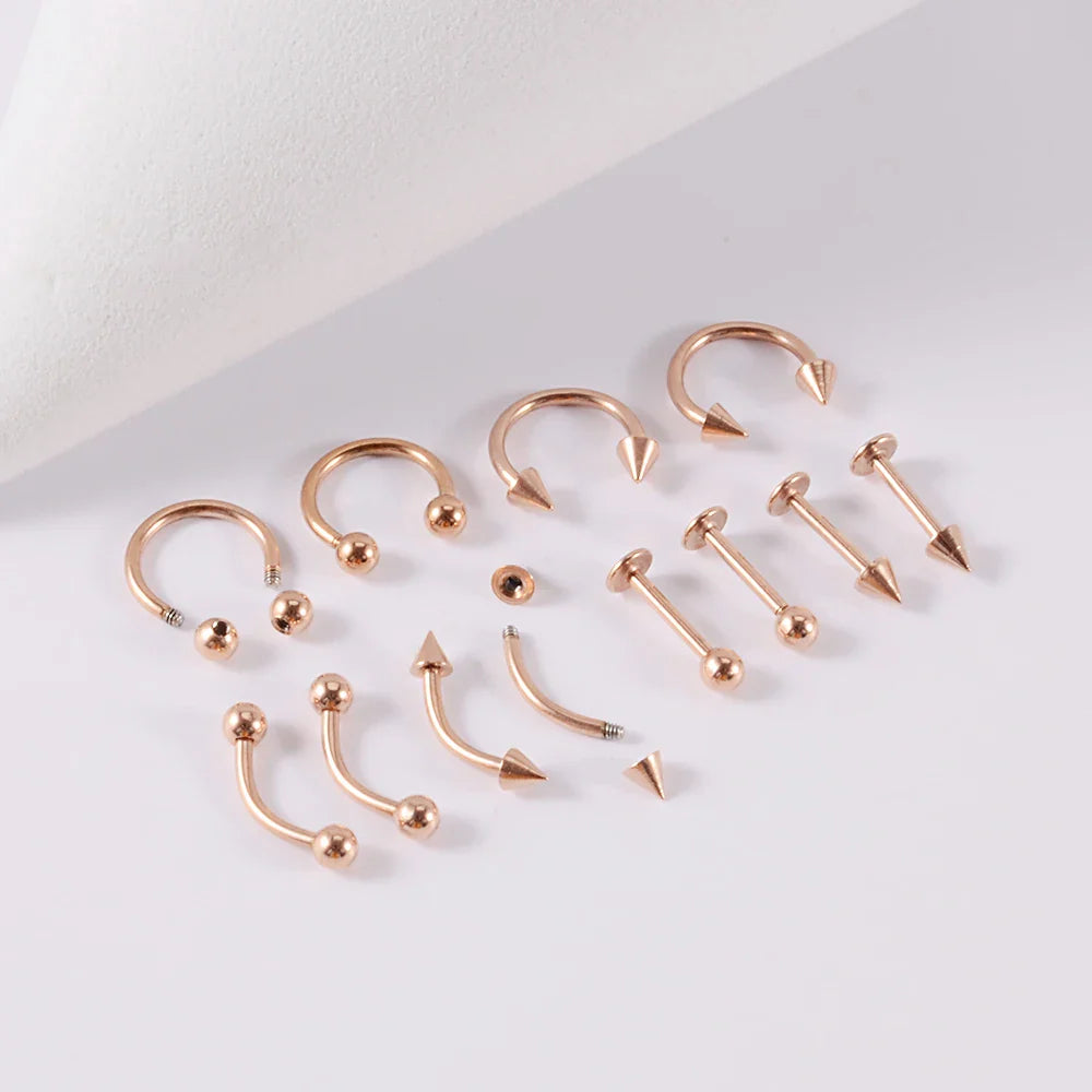 12 Piece Surgical Steel Piercing Jewelry Set with Gold Plated Black Rainbow Ear Nose and Eyebrow Labret 8mm