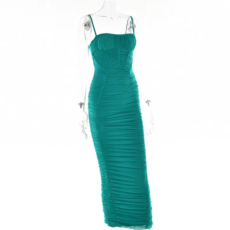 Corset Ruched Maxi Dress Women Spaghetti Strap Backless