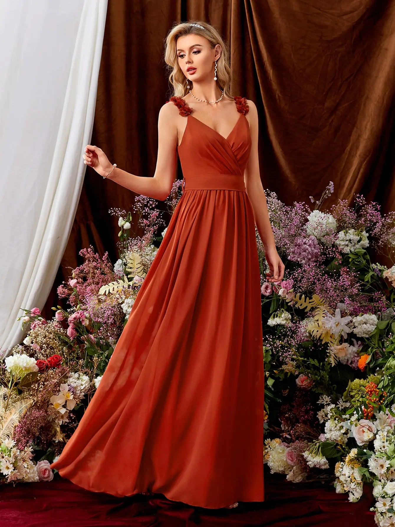 V-Neck Backless Flower Cross Pleated Evening Gown Dress