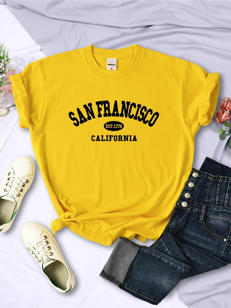 San Francisco California Letter Print Casual Women T-Shirt Short Sleeve Soft Breathable Tee