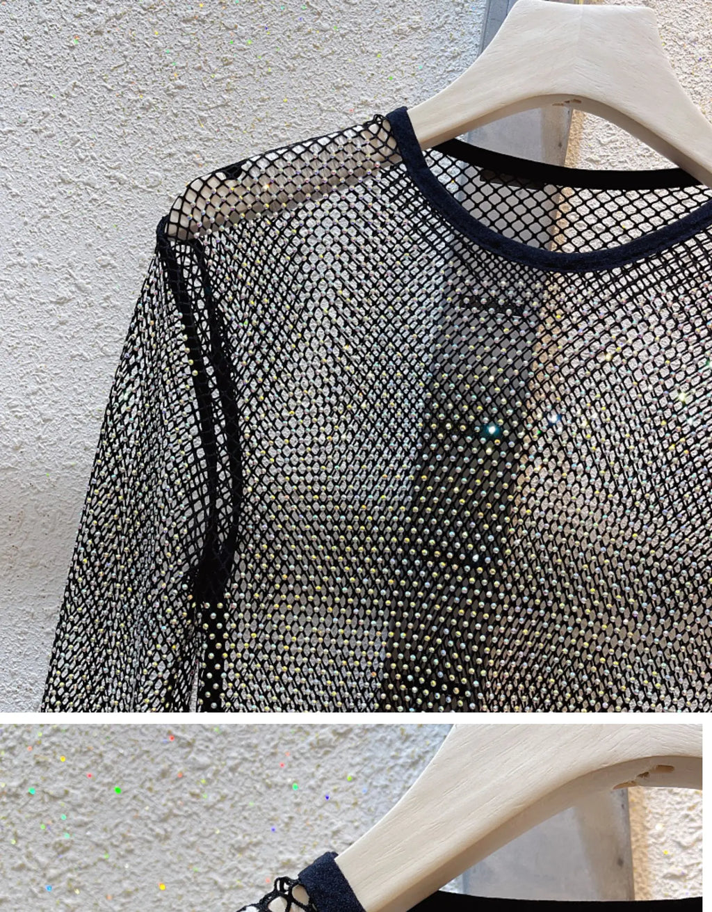 See Through Rhinestone Dress Round Neck Long Sleeve