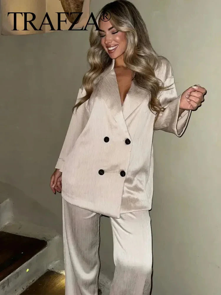 Trendy Women's Cozy Suit Set with Double Breasted Coat and Wide Leg Pants