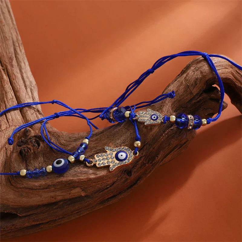 3 Pieces Lucky Turkish Blue Evil Eye Bracelets with Fatima Hand Hamsa and Butterfly Charm Handmade Jewelry