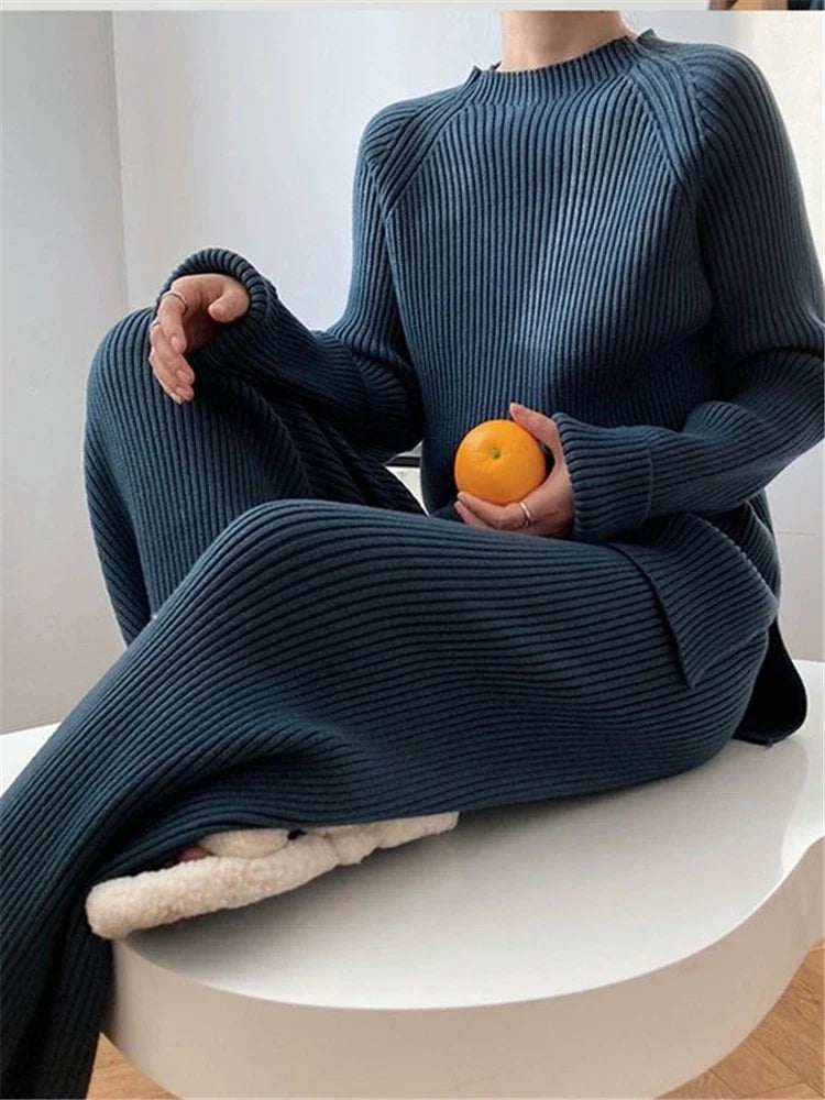 Knitted Tracksuit for Women Autumn Winter Two Piece Set with Half Turtleneck Sweater and Wide Leg Jogging Pants Outfit