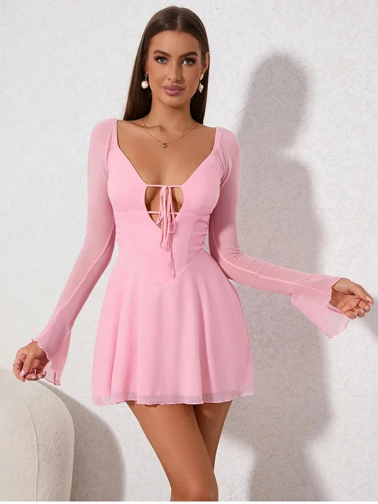 Sexy Hollow Out Bandage Mini Dress With Full Sleeves