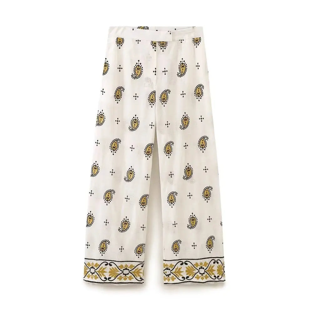 Fashion Women's Print Embroidered Shirt and Pant Set with Long Sleeve Cardigan Coat and Straight Trouser High Street Outfit