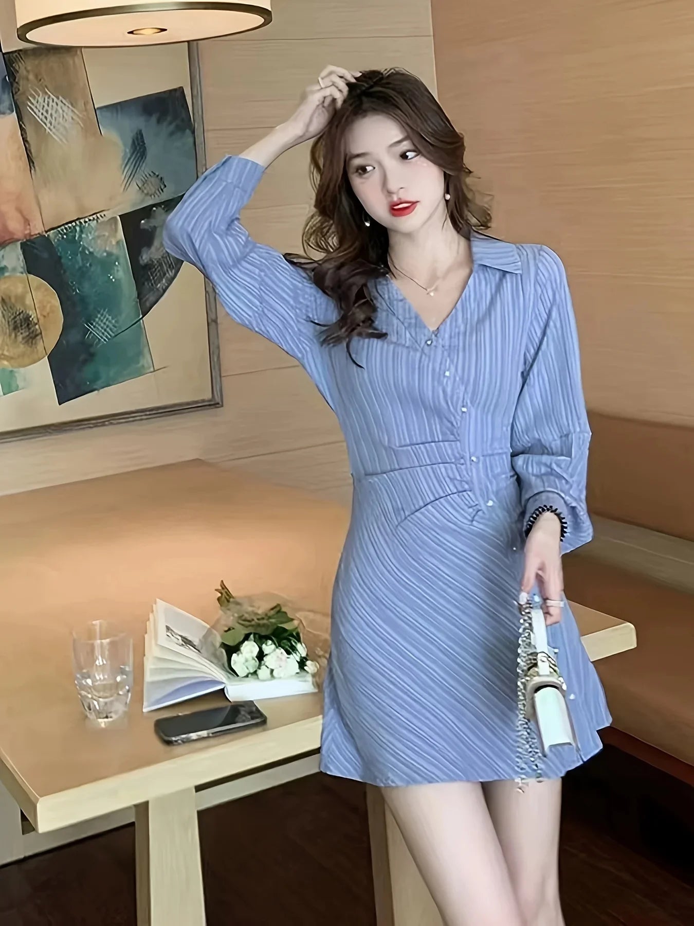Blue Striped Shirt Dress Cinched Waist Flattering Fit