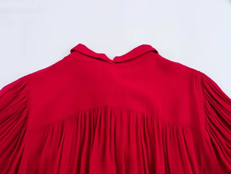 Red Bow Pleated Semi Sheer Womens Blouse Chic Button Up Shirt Elegant Spring Top for Women