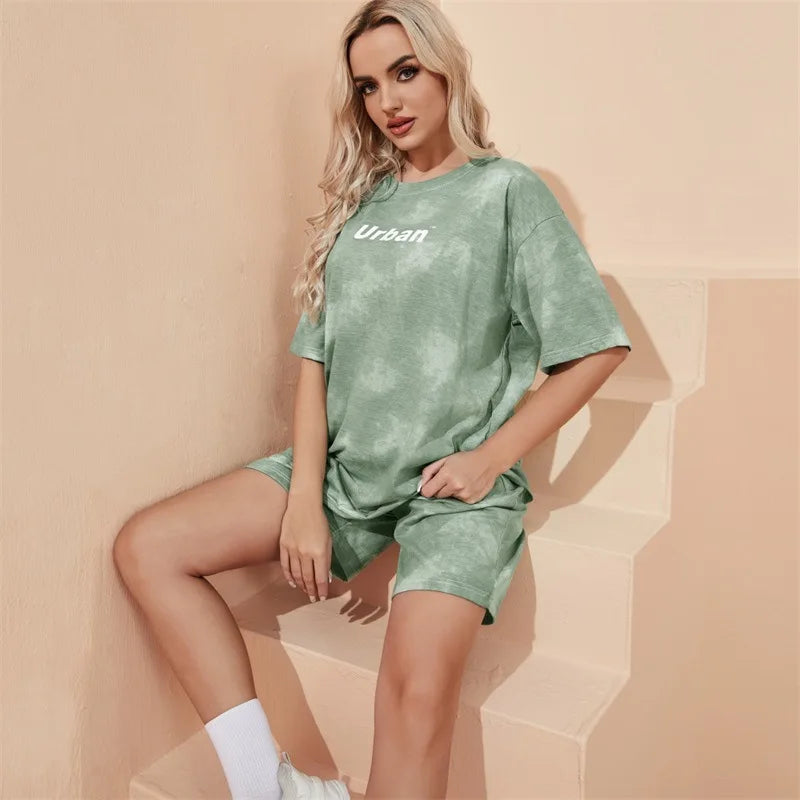 2Piece Women's Tie Dye T-Shirt and Wide Leg Shorts Set Casual Loose Fit Soft Summer Outfit with Pockets