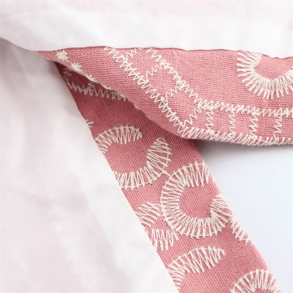 V-Neck Embroidered Kimono Style Mid-Length Windbreaker and High Waisted Straight Leg Pants Set for Women