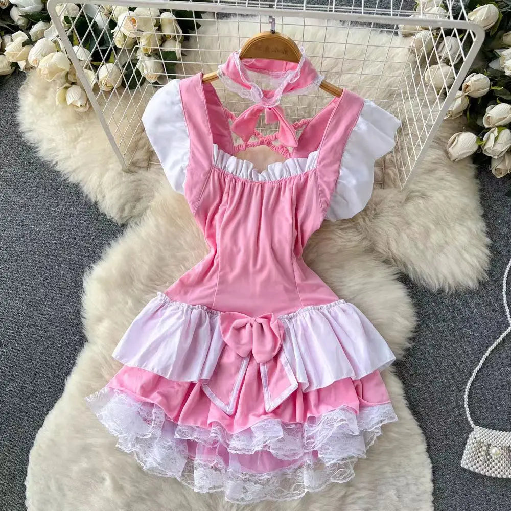 Pink Lolita Maid Dress Mini Short Patchwork Lace Details