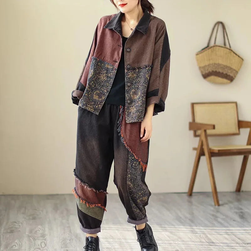 Womens Vintage Denim Two Piece Set with Printed Jacket and Casual Jeans