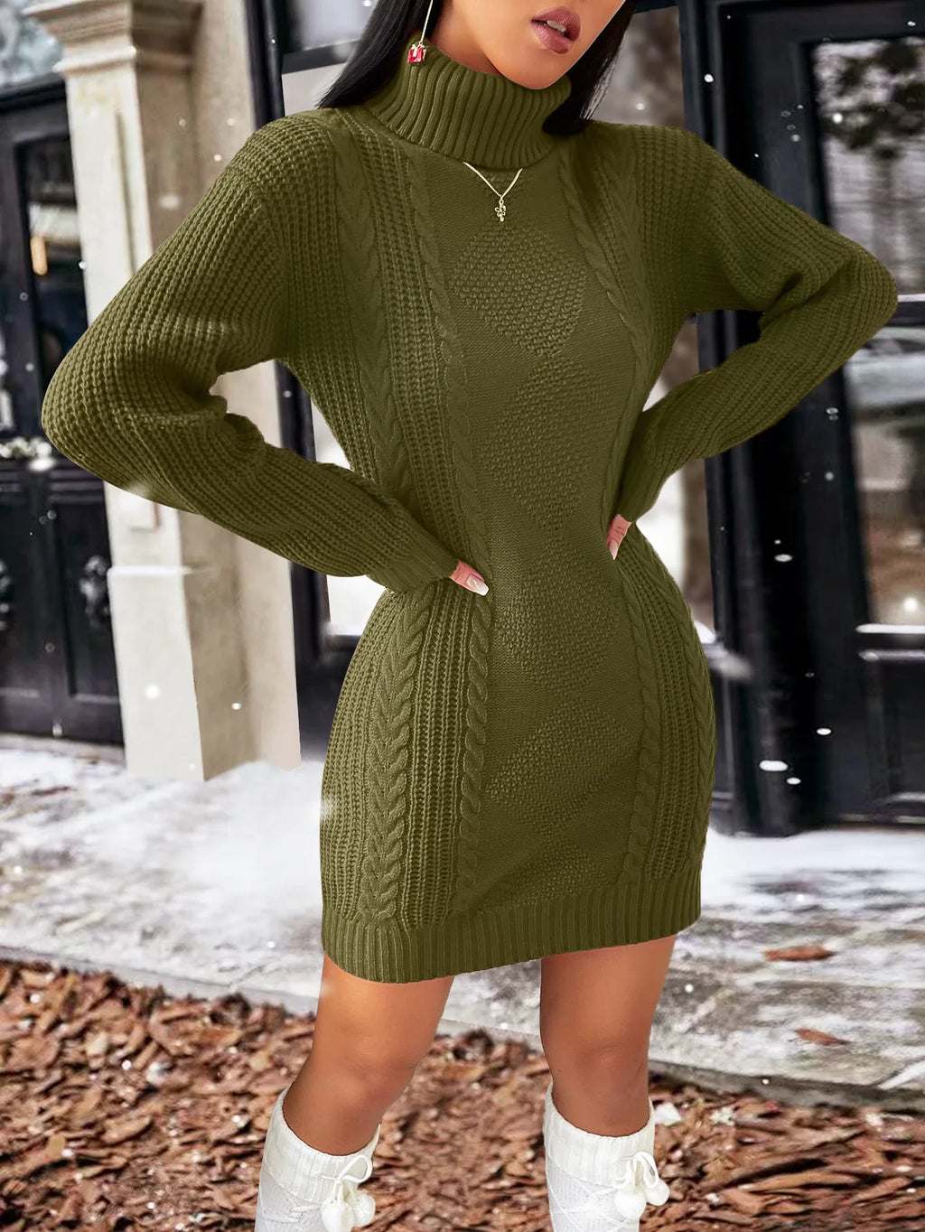 Solid Color Turtleneck Sweater Dress For Women Long Sleeve