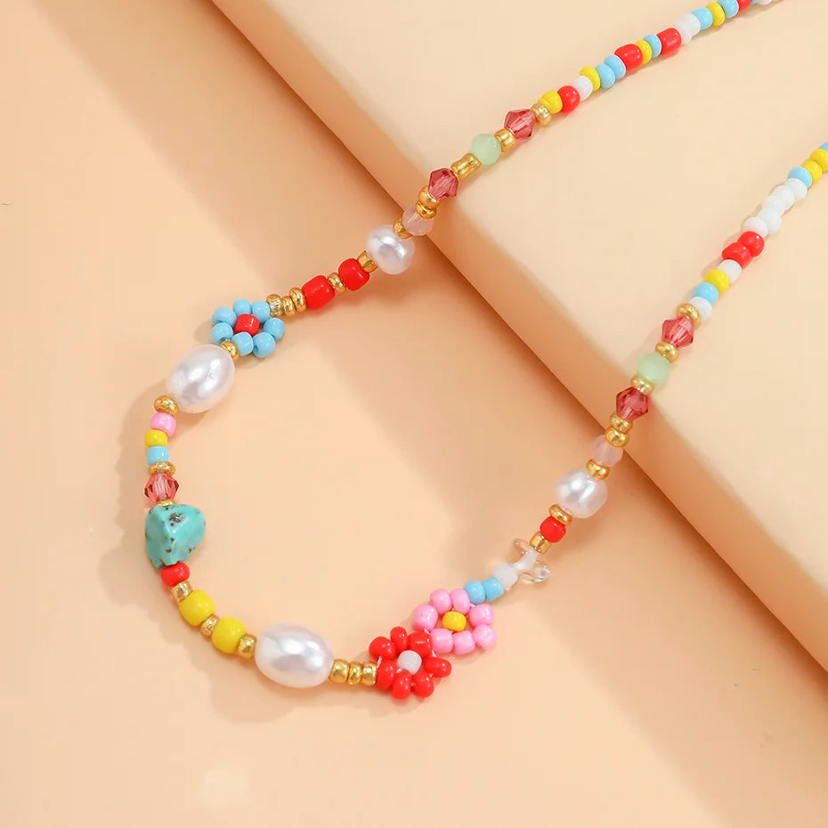 Baroque Simulated Pearl Colorful Flower Beaded Choker Necklace for Women and Girls