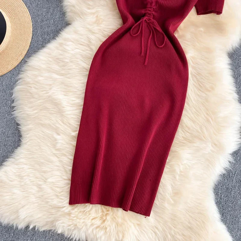 Korean Knit Bodycon Dress V Neck Drawstring Short Sleeves