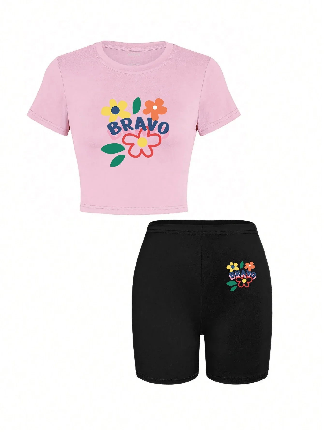 Colorful Floral Print Slim Fit Crop T-Shirt and Shorts Set for Women Summer Casual Cool Crewneck Short Sleeve Trendy Lightweight All-Match Two-Piece Outfit