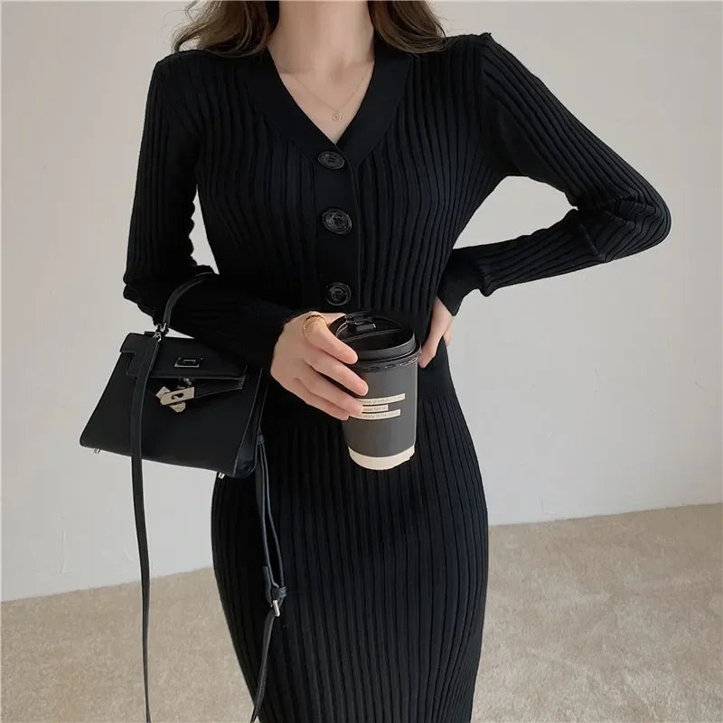 Knit V Neck Women Sweater Dress Long Sleeve Bodycon Office