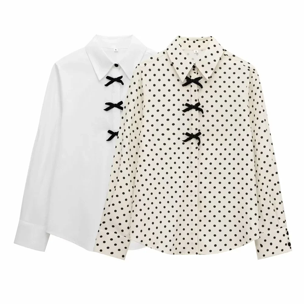 Women's Casual Long Sleeve Shirt with Butterfly Knot and Wave Point Pattern Single Breasted Stylish Blouse