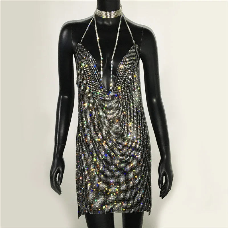Sequin Rhinestone Backless Mini Dress For Nightclub Party