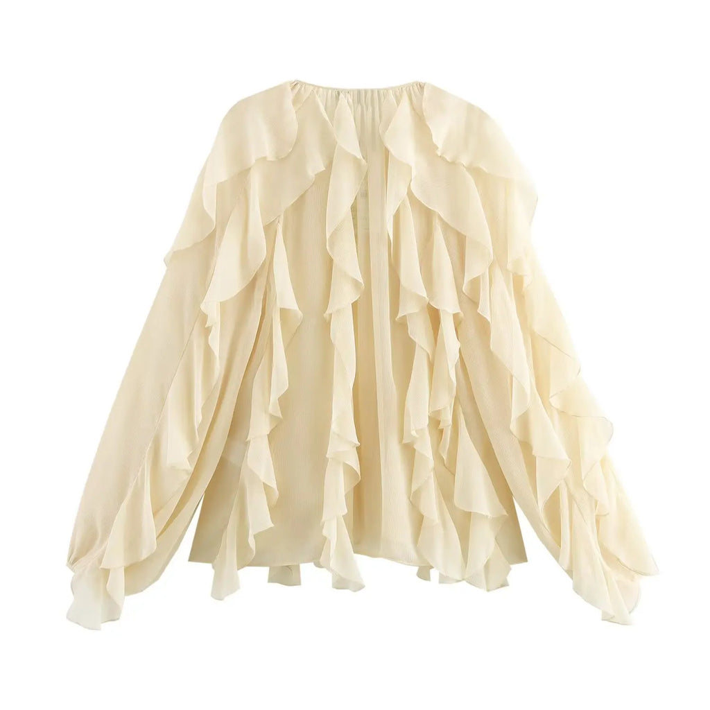 Sexy Translucent Ruffle Blouse for Women V Neck Single Breasted Tiered Casual Beach Shirt
