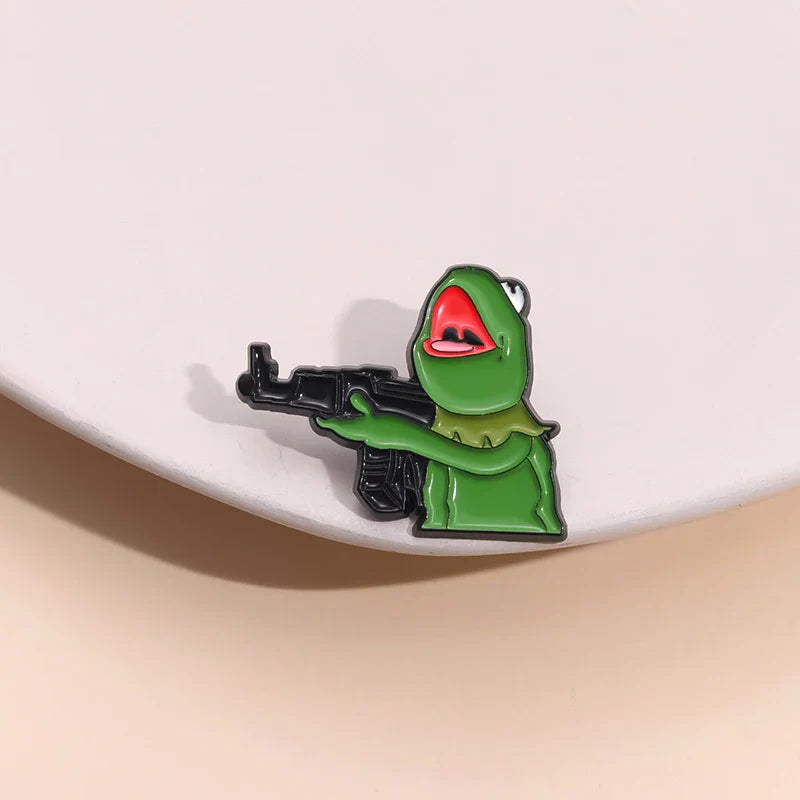 Frog And Gun Enamel Pin Cute Animal Brooch Custom Design Lapel Badge Jewelry Gift for Friends