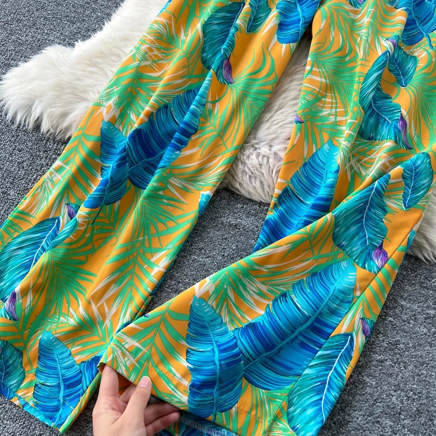 Square Neck Loose Pleated Jumpsuit with Ruffles Backless Design Wide Leg Long Pants Elegant Chic Printed Playsuit for Women