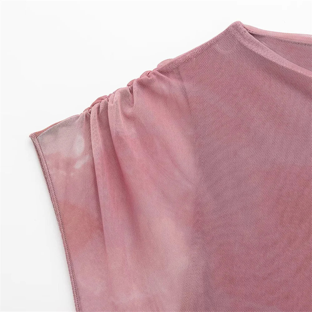 Pleated Silk Mesh Dress With Round Neck For Spring Summer