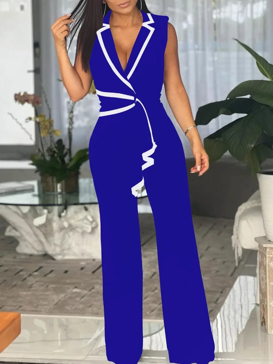 Women's Elegant Sleeveless V Neck Overalls Jumpsuit Full Length Wide Leg Pants Office Casual Summer Outfit