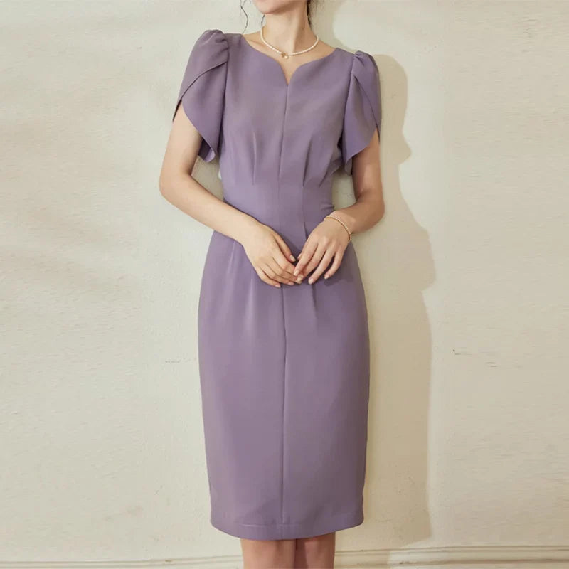 Solid Color Midi Dress With V Neck For Office Women