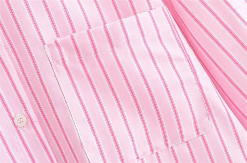 Chic Pink Striped Loose Fit Long Sleeve Blouse for Women Elegant Casual Street Style Shirt