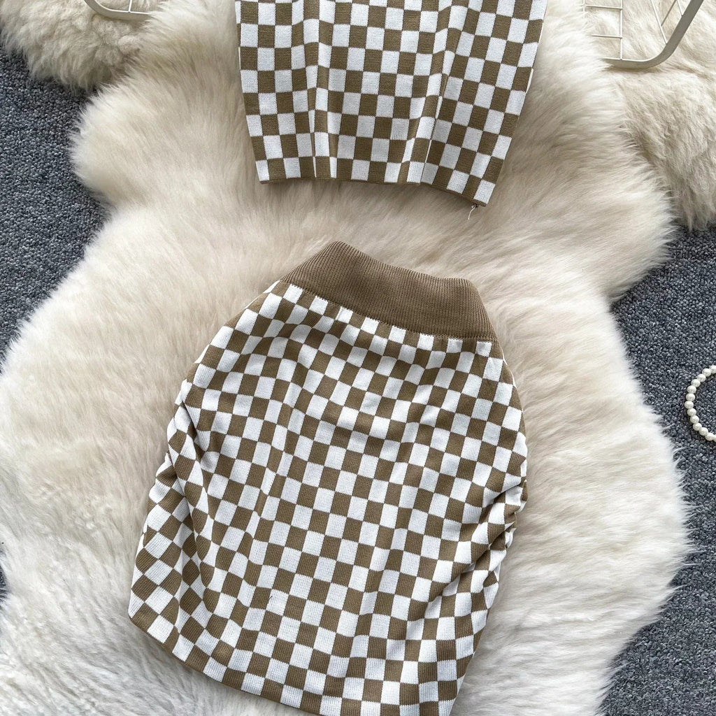 Women's Plaid Strapless Mini Top and High Waist Bodycon Skirt Set Casual Knitted Two-Piece Outfit