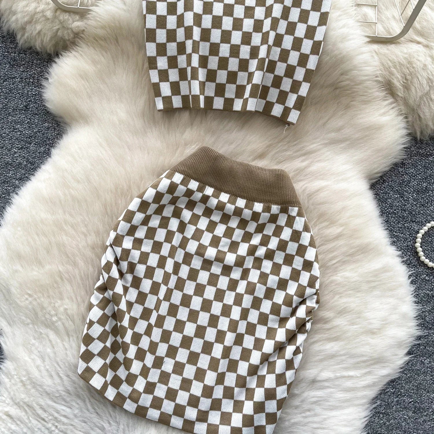 Women's Plaid Strapless Mini Top and High Waist Bodycon Skirt Set Casual Knitted Two-Piece Outfit