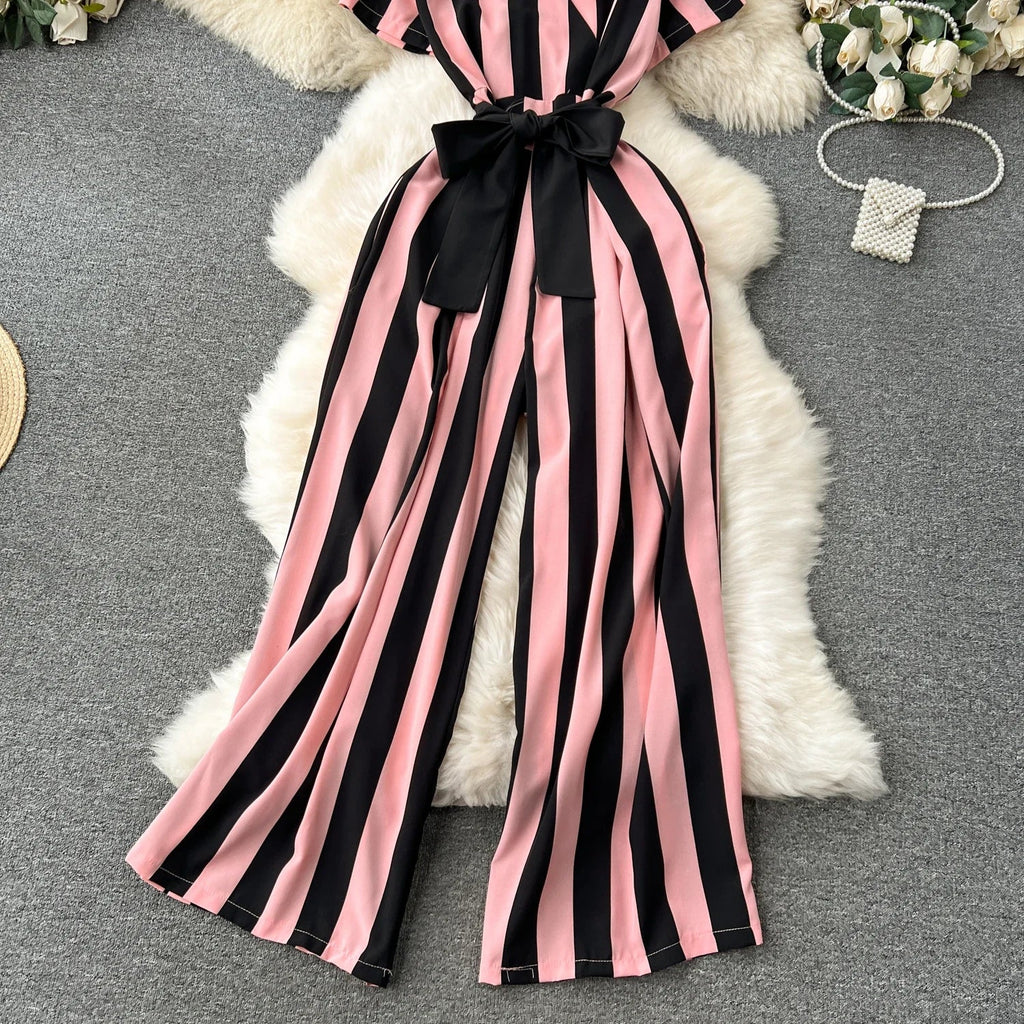 Sleeveless V Neck Stripe Jumpsuit for Women with Lace Up Bow Detail Summer Long Romper High Street Korean Inspired Style