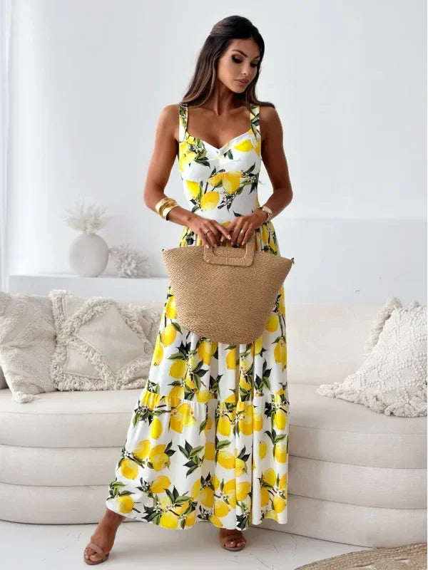 Women Backless Print Suspender Dress Loose Fit Long