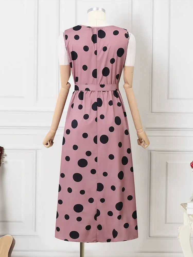 Polka Dot Kaftan Dress For Women Belted Waist Sleeveless