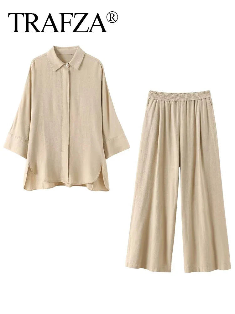 Women Casual Summer Outfit Two Piece Set with Solid Loose Lapel Shirt and High Waist Wide Leg Pants