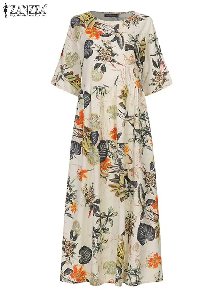 Boho Floral Sundress For Women With Three Quarter Sleeves