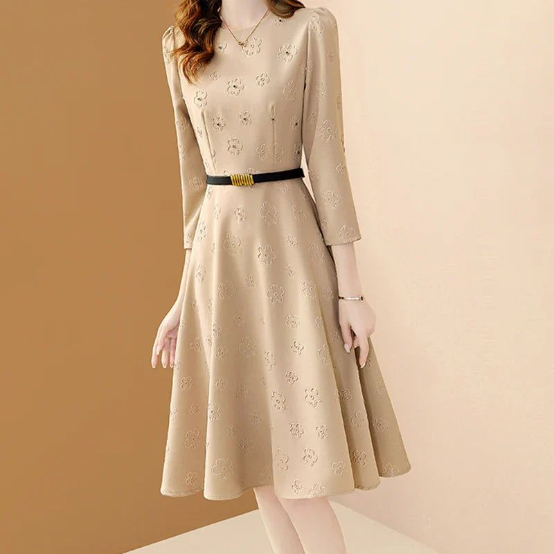 Floral Embroidered Belt Dress for Women O Neck A Line
