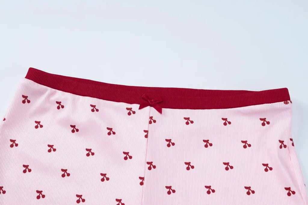 Cherry Print Two-Piece Matching Set with Slim Crop Camisole Top and Bow-Accent Shorts Summer Casual Festival and Workout Outfit for Women